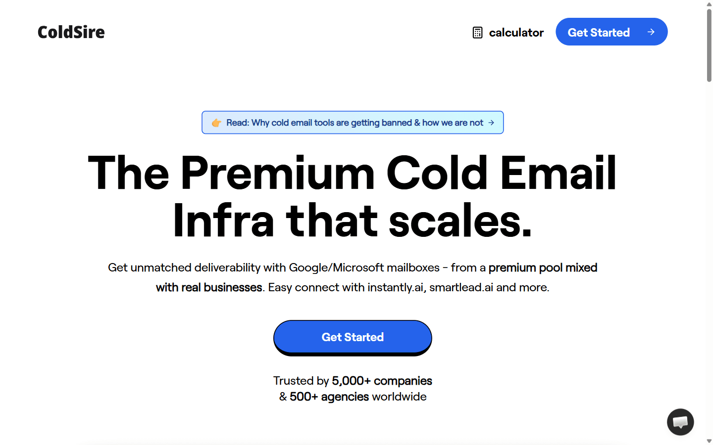 ColdSire homepage describing the premium cold email infrastructure built on a mixed pool of real businesses