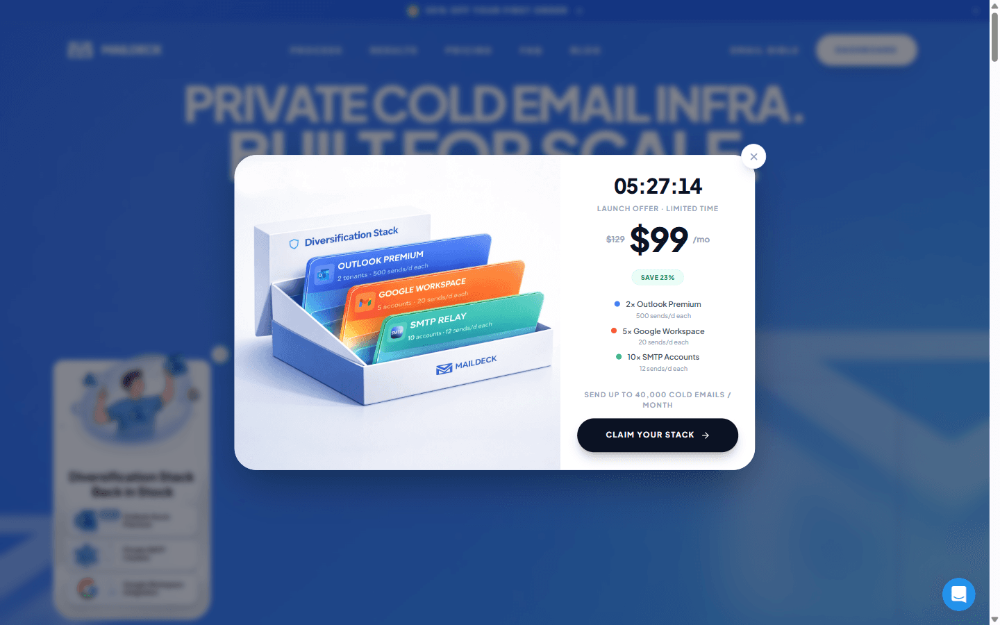 MailDeck homepage advertising scalable cold email infrastructure across Microsoft 365, Google Workspace and SMTP
