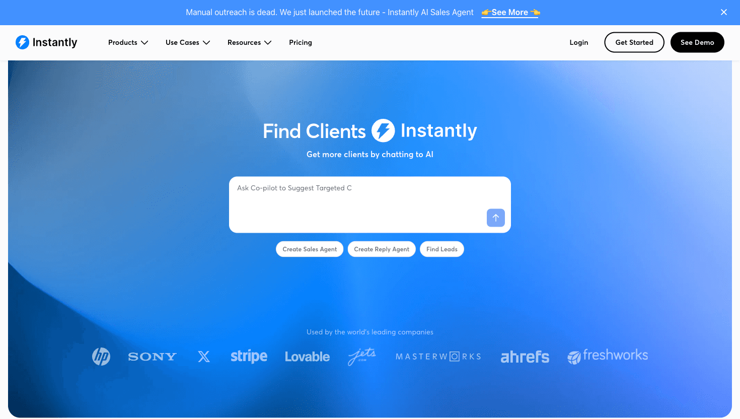Instantly homepage showing the full cold email outreach platform