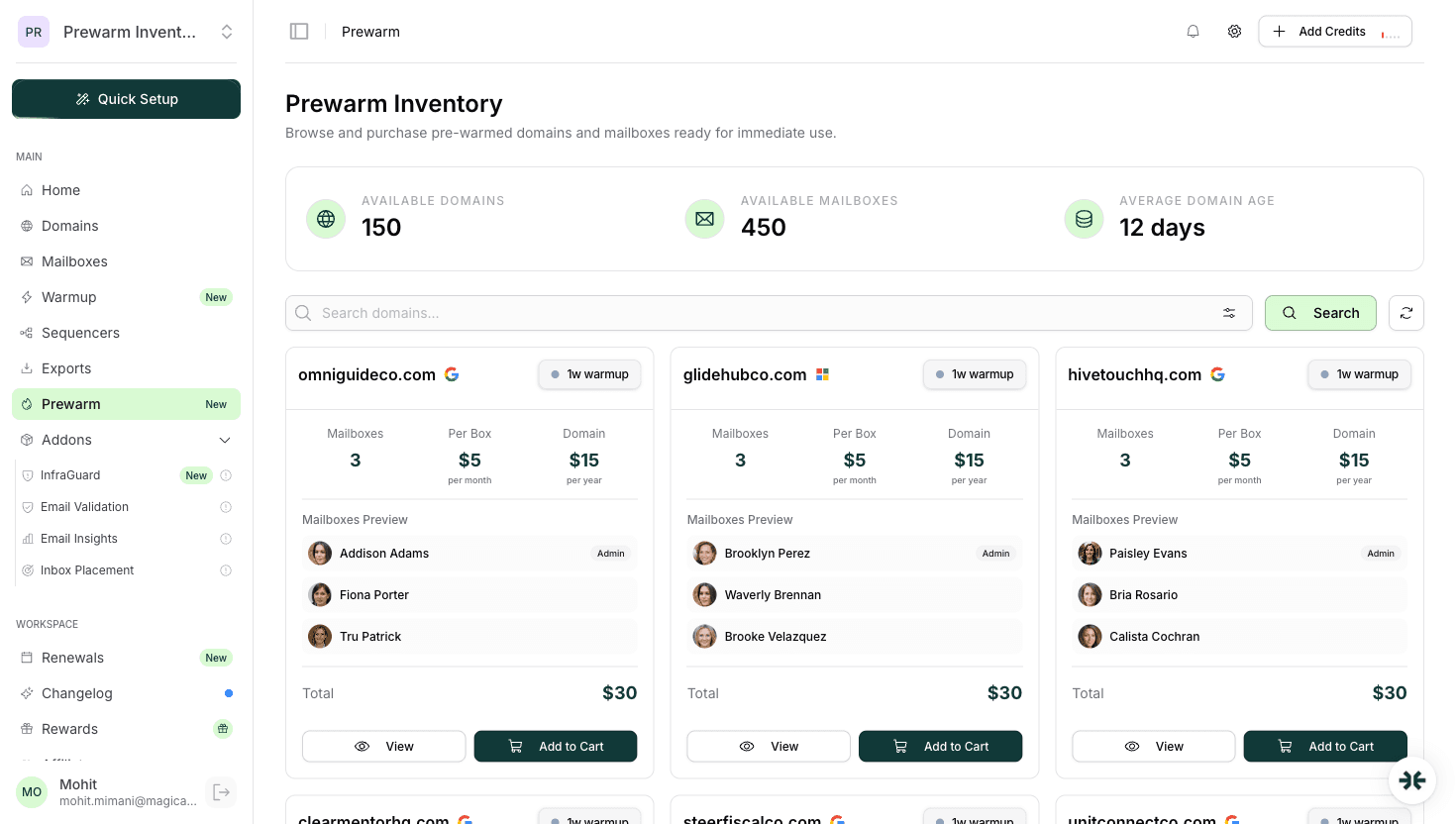 InboxKit Prewarm Inventory dashboard