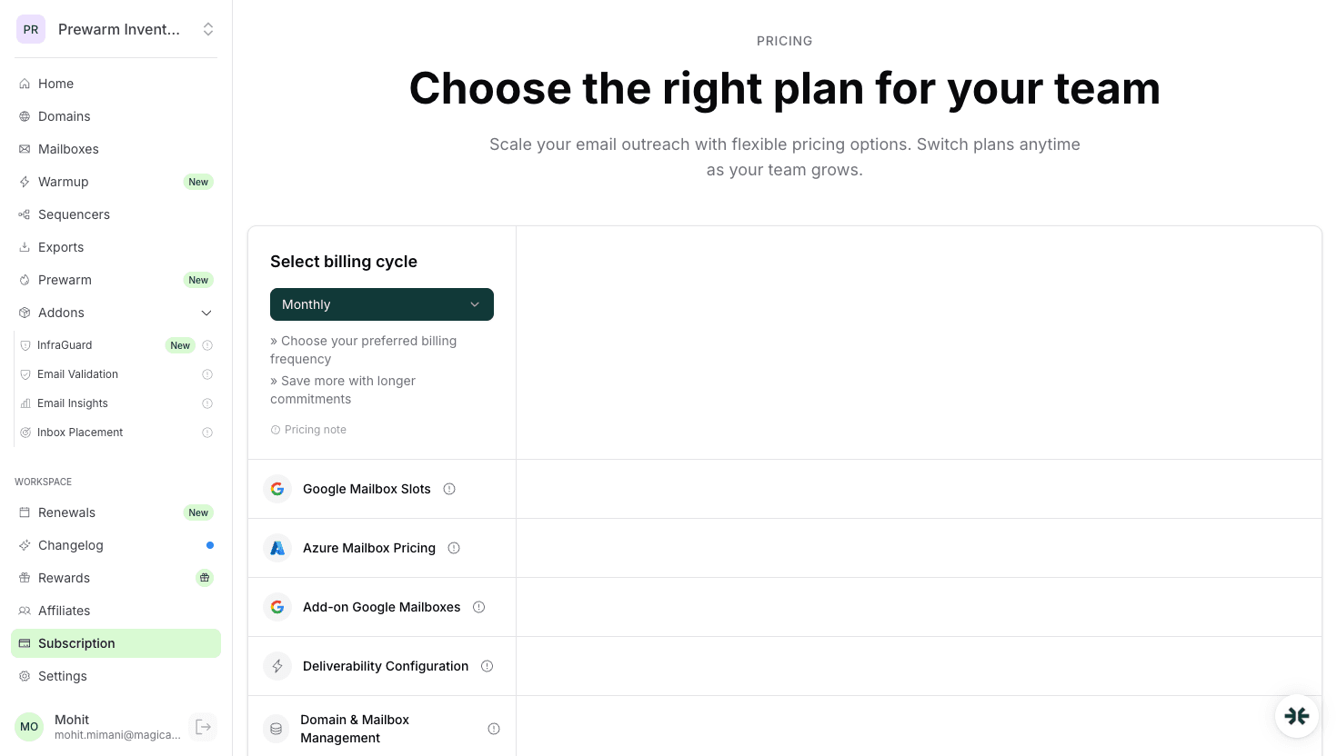 InboxKit pricing dashboard