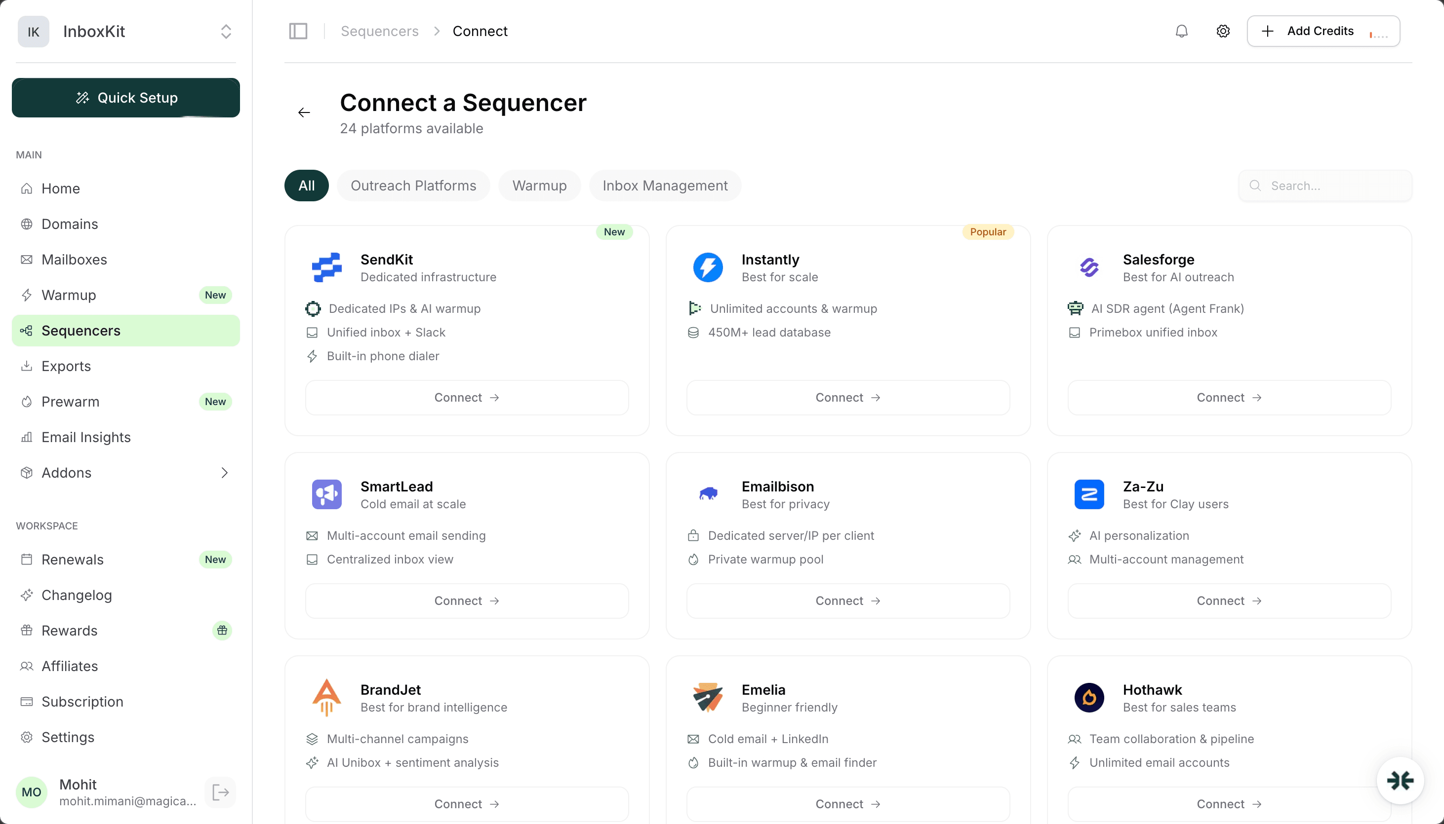 InboxKit sequencer integrations with 24+ platforms